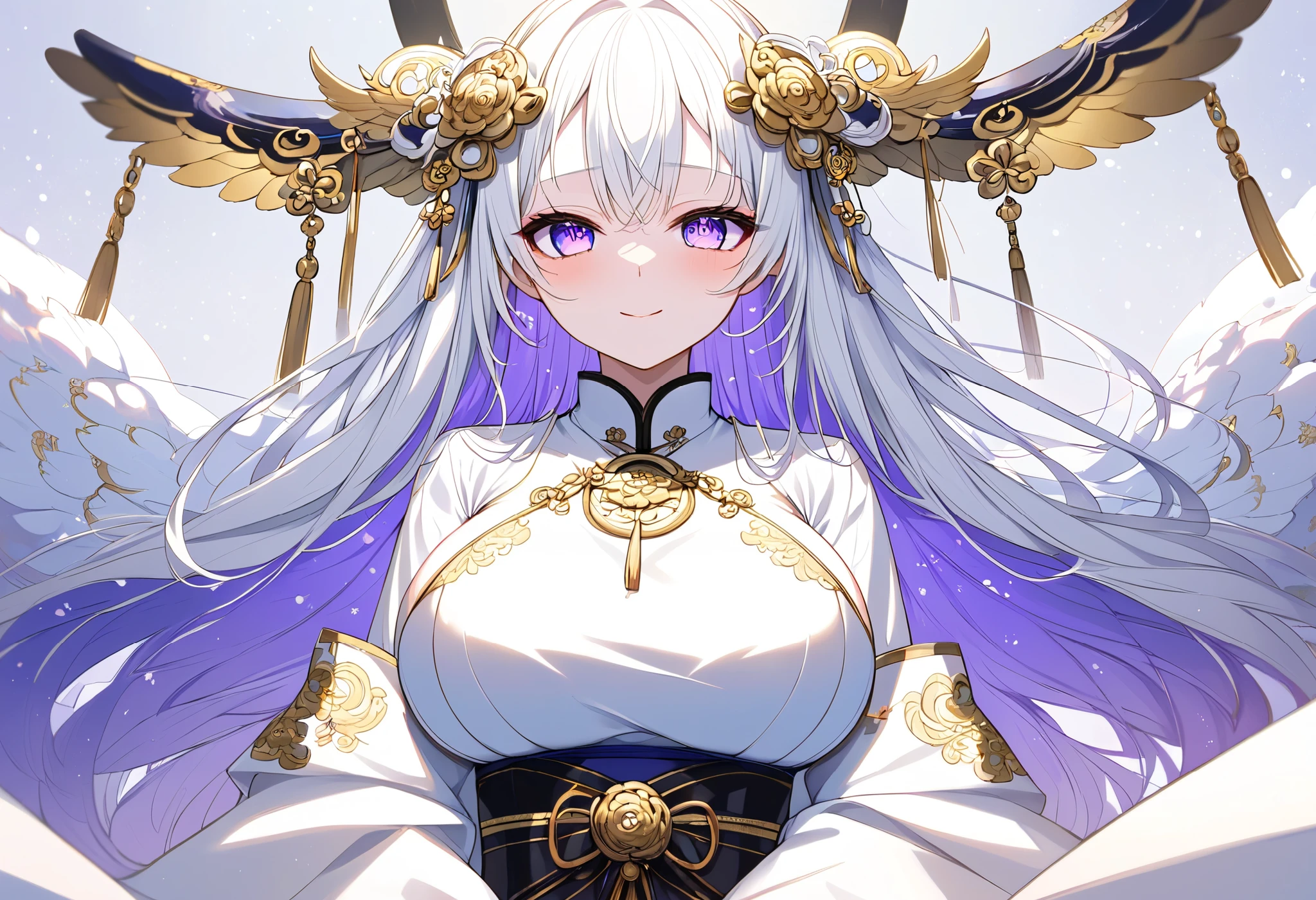 Fresh illustration,
Ultra-fine drawing,
Top quality,
Very delicate illustration,
Very fine details,
Beautiful and attractive anime woman,
Enchanting anime girl,
Super detailed,
Beautiful and sophisticated,
Illustration of a girl,
Full body,
Height 158cm,
Sexy pose,
Fair skin,
Right eye is blue,
Left eye is purple,
Odd eye,
Heterochromie iris,
Large black pupil,
Beautiful eyes,
Super long hair,
Shiny hair,
White hair,
Forehead is protruding,
Cute face,
Pretty face,
A shining angel halo on the back of the head,
Lowered eyebrows,
Smiling,
Upper body is kimono,
Upper body is Japanese clothing,
Overall white clothes,
Lower body is Chinese dress,
Obi color is black,
Tasteful embroidery with gold thread,
Clothes with high quality texture,
Big breasts,
Thong,
Garter belt,
Stocks ing,
thigh straps,
thigh straps digging into skin,
white long boots,
Japanese style toes,
thin waist,
thick thighs,
isometric,
golden ratio,
divine atmosphere,
wearing an indigo-colored stand-up collared inner,
outer space,
multiple galaxies,
countless small stars,
tactical use of shadows,
free pose,
sexy pose,
exposing skin,
naughty pose,
adult pose,
lewd outfit,
pervert,