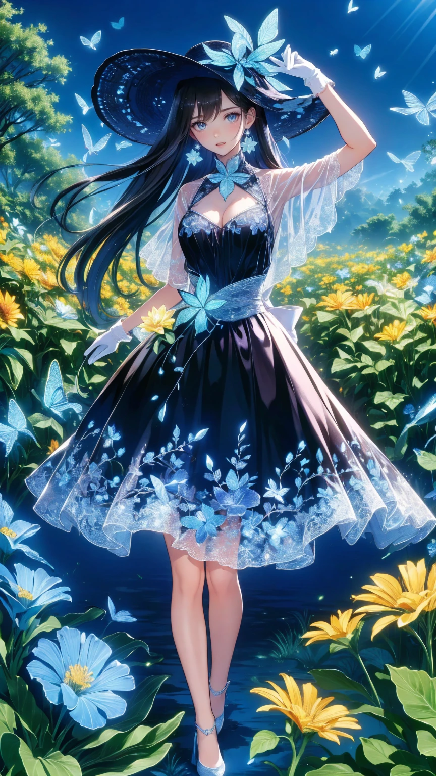 (upper body:0.7), standing, (cowboy shot),(masterpiece, high quality, best quality), (colorful),(delicate eyes and face), volumatic light, ray tracing, extremely detailed CG unity 8k wallpaper,solo, ((flying petal)), outdoors, ((flowers field)),
,1girl,solo, Seele Eternal Night, Seele Vollerei, standing, looking at viewer,
no shoes, low black wings, feathers, frills,dress, hair ornament, bare shoulders, medium breasts, bangs, blue hair, very long hair, colored inner hair, multicolored hair, two-tone hair, black pantyhose, blue dress, wrist cuffs,blue eyes,seele vollerei, thigh strap, strapless dress, blue flower, hair flower, cleavage, blue rose, sleeveless dress, hairband,
<lora:Seele Eternal Night_20231121151138-000010:0.75>