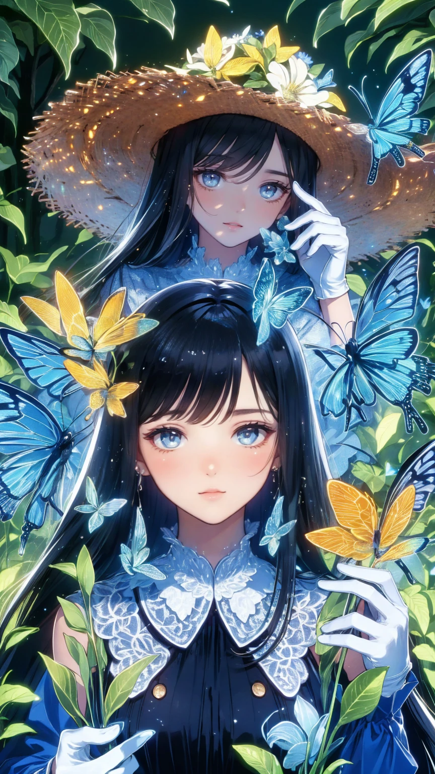 (  top quality,  high image quality, 8k, masterpiece), Single woman tending her garden ,  cute face,  Long Black Hair ,  middle of chest,  beautiful manicured face  ,  Dominant Smile  , Look at me and smile ,  Straw Hat ,  white gloves, Old-fashioned garden  ,  colorful flowers blooming,  bright color , Large Tree, Yellow butterfly , White butterfly,  blue sky, blue bird ,  detailed illustration art  ,
