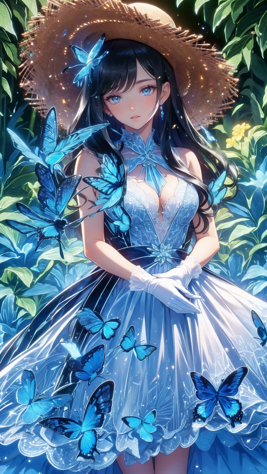 (  top quality,  high image quality, 8k, masterpiece), Single woman tending her garden ,  cute face,  Long Black Hair ,  middle of chest,  beautiful manicured face  ,  Dominant Smile  , Look at me and smile ,  Straw Hat ,  white gloves, Old-fashioned garden  ,  colorful flowers blooming,  bright color , Large Tree, Yellow butterfly , White butterfly,  blue sky, blue bird ,  detailed illustration art  ,
