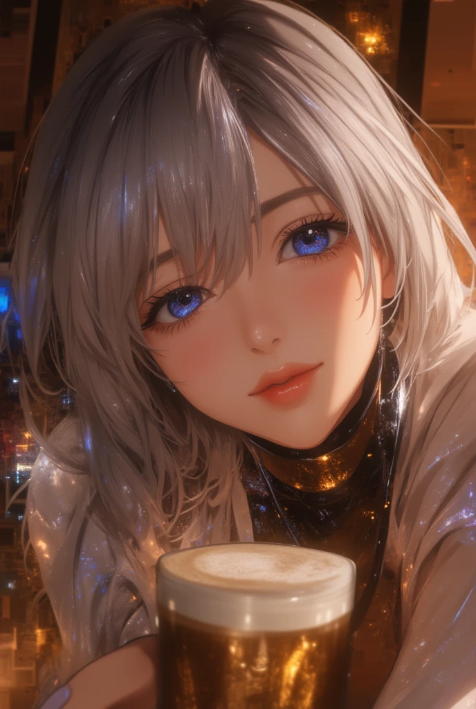   A beautiful woman with beautiful eyes :1.2,  detailed eyes ,(light blue eyes)beautiful full lips ,(lips painted in gold color ) highly  detailed eyes  and faces,  Long eyelashes,( Silver hair),( Long wavy hair) cute expression, smile,  session:1.4,  with a cup of hot latte ,home background  , , chimney, warm light,  lighting and detailed shadows ,  anime style , 8K, Hi-Nothing,  Masterpiece:1.4,  bright colors,brasier navideño pechos super enromes a la luz de la chimney..