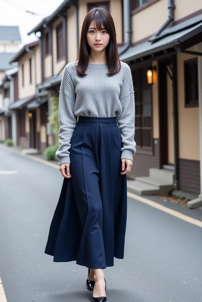  1 beautiful woman,    shoulder length inward wrap hairstyle、26 years old、gray long sleeve knit 、 dark blue long skirt、Height: 155cm、Bust 83cm、Waist 58cm、Hips 85cm 、 walking through the old japanese shline 、 can you see your whole body 、Shiny whitening 、 Hairstyle with bangs、 announcer、 is wearing high heels、round face