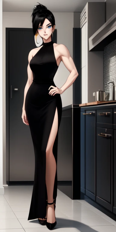 A house interior ,((kitchen)),BREAK,( 1girl, tall girl,  solo, masterpiece),(full body),(long legs), (best quality), (very sexy,high heels),(black dress),(muscle_mommy,muscled female,pale skin, ),(hoop earings),  (detailed toes),(detailed face), black hair, blue eyes,  facial mark, folded ponytail, grey eyes,  