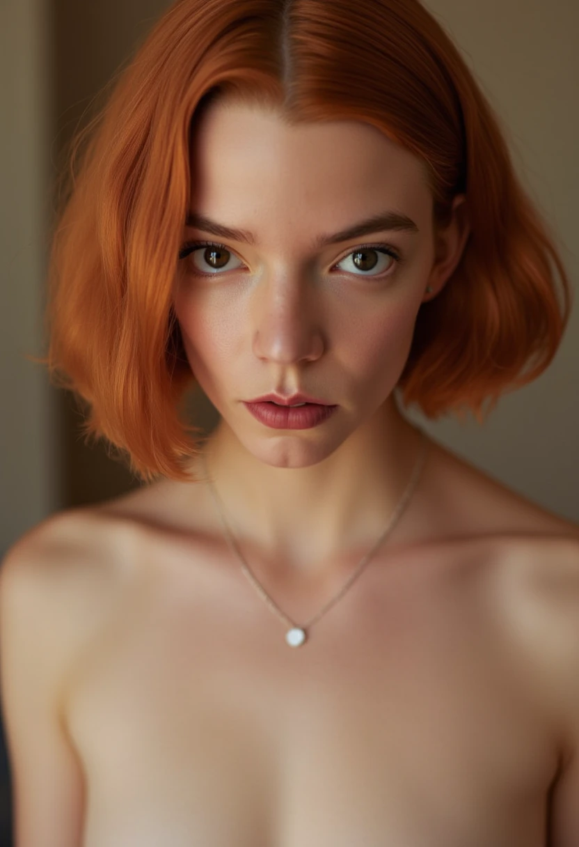 Anya Taylor Joy, close up photo, topless, seductive, detailed face, bob cut ginger hair