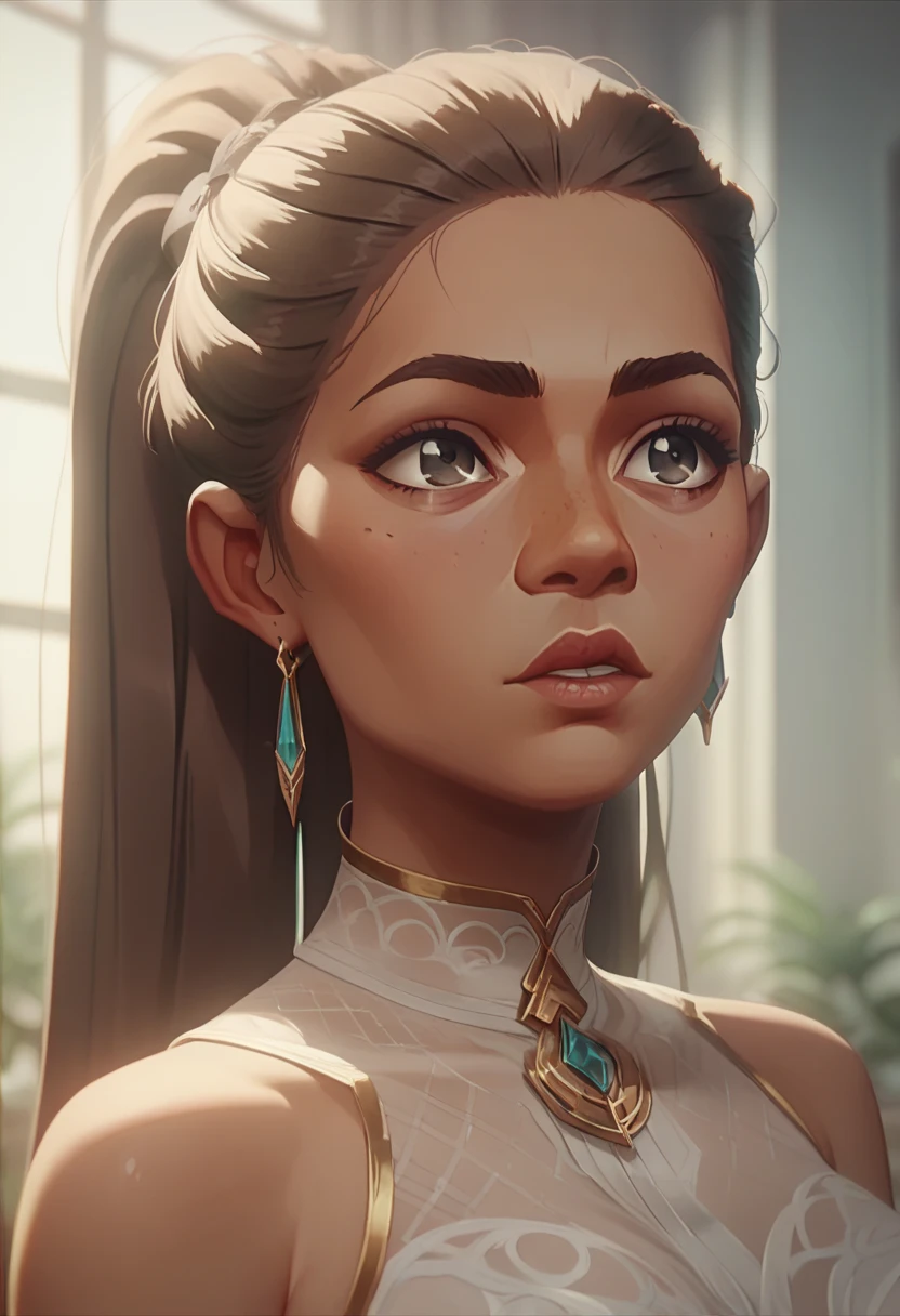 One white girl, beautiful face, detailed face, young girl, soft skin, big eyes, round face, long ponytail, tanned skin, brown hair, black eyes, big breasts, looking aside, breasts uncovered