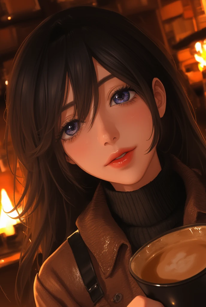   A beautiful woman with beautiful eyes :1.2,  detailed eyes ,(light blue eyes)beautiful full lips ,(lips painted in gold color ) highly  detailed eyes  and faces,  Long eyelashes,Ahoge,( black hair),( Long wavy hair) cute expression, smile,  session:1.4,  with a cup of hot latte ,home background  , , chimney, warm light,  lighting and detailed shadows ,  anime style , 8K, Hi-Nothing,  Masterpiece:1.4,  bright colors,brasier navideño pechos super enormes a la luz de la chimney..