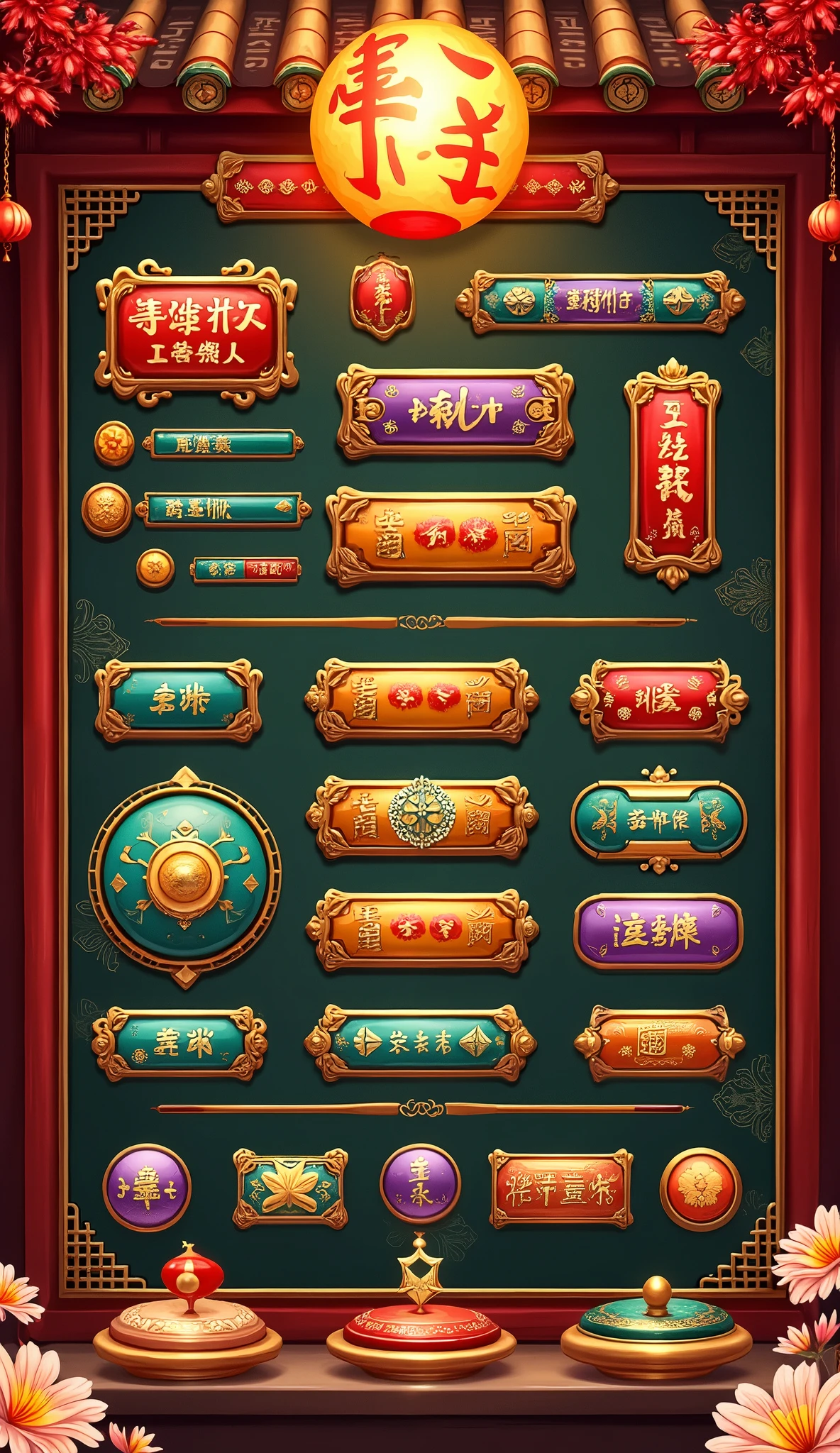 A set of chinese style buttons and symbols for a game - SeaArt AI
