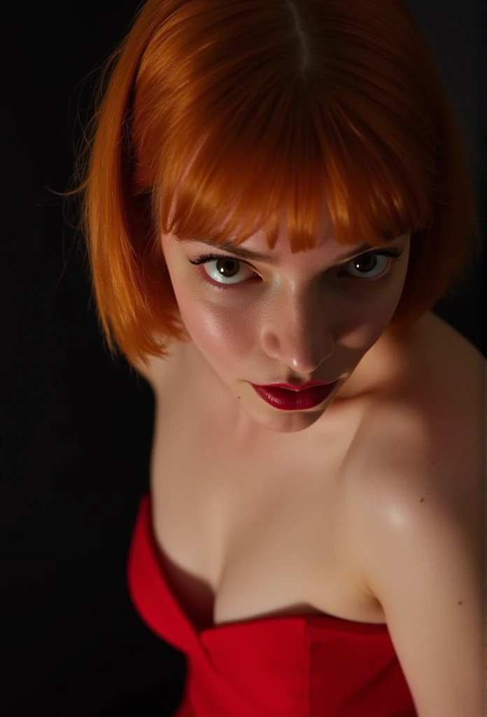 Anya Taylor Joy, photoshoot, topless, seductive, detailed face, bob cut ginger hair, strapless red dress