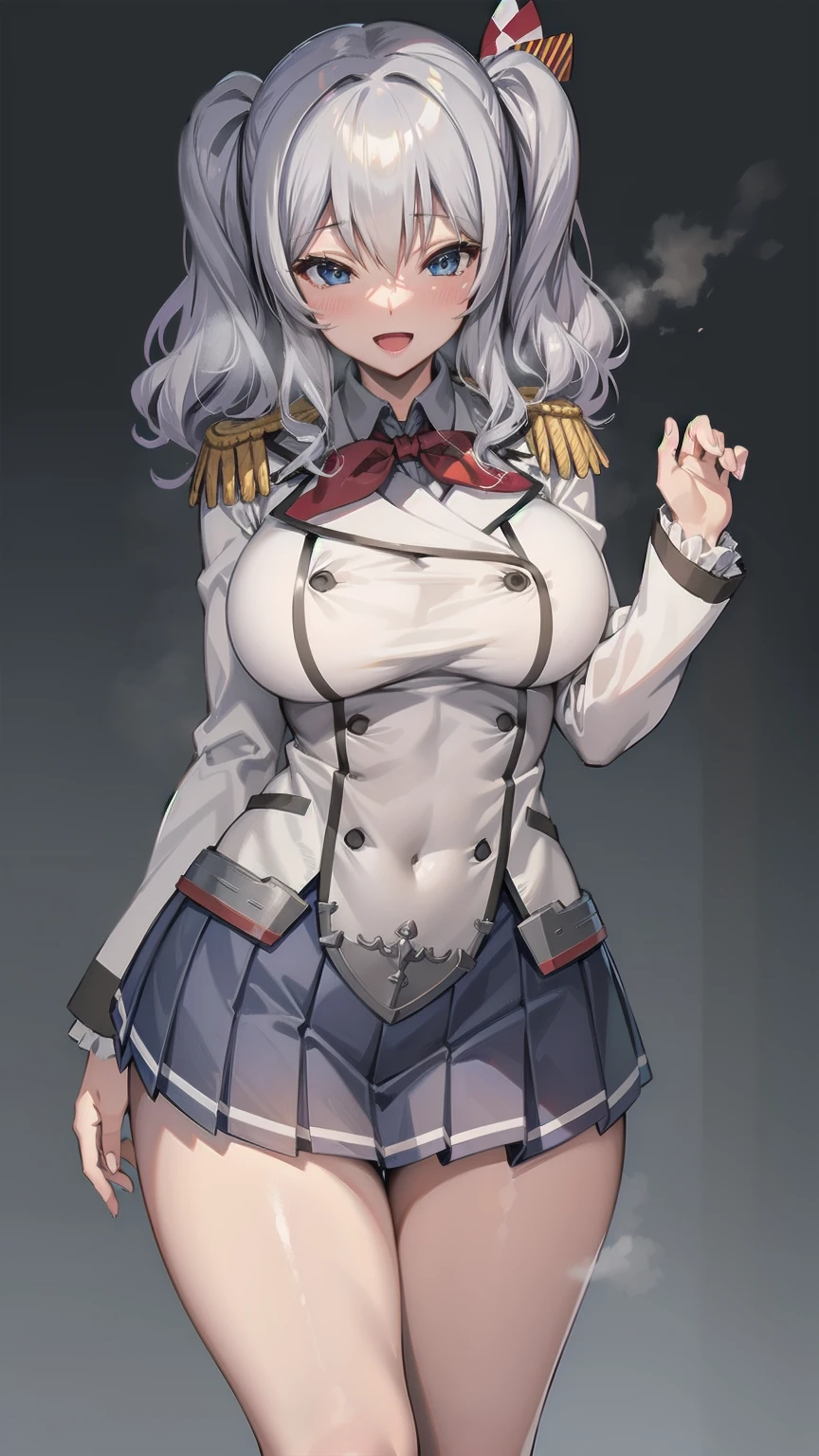  open mouth,  Big Breasts , blue eyes,btpt-fc, Wide Hips,smile,, Wide Hips, open mouth, wavy hair ,Alone,Kashima, Twin Tails ,
 Silver Hair,tsurime, Kantai Collection, smile,, Wide Hips,  top quality, white jacket,  military jacket, uniform, gray skirt , pleated skirt , has , standing with different breasts , cowboy shot ,room, neck ribbon,Ruffle sleeves