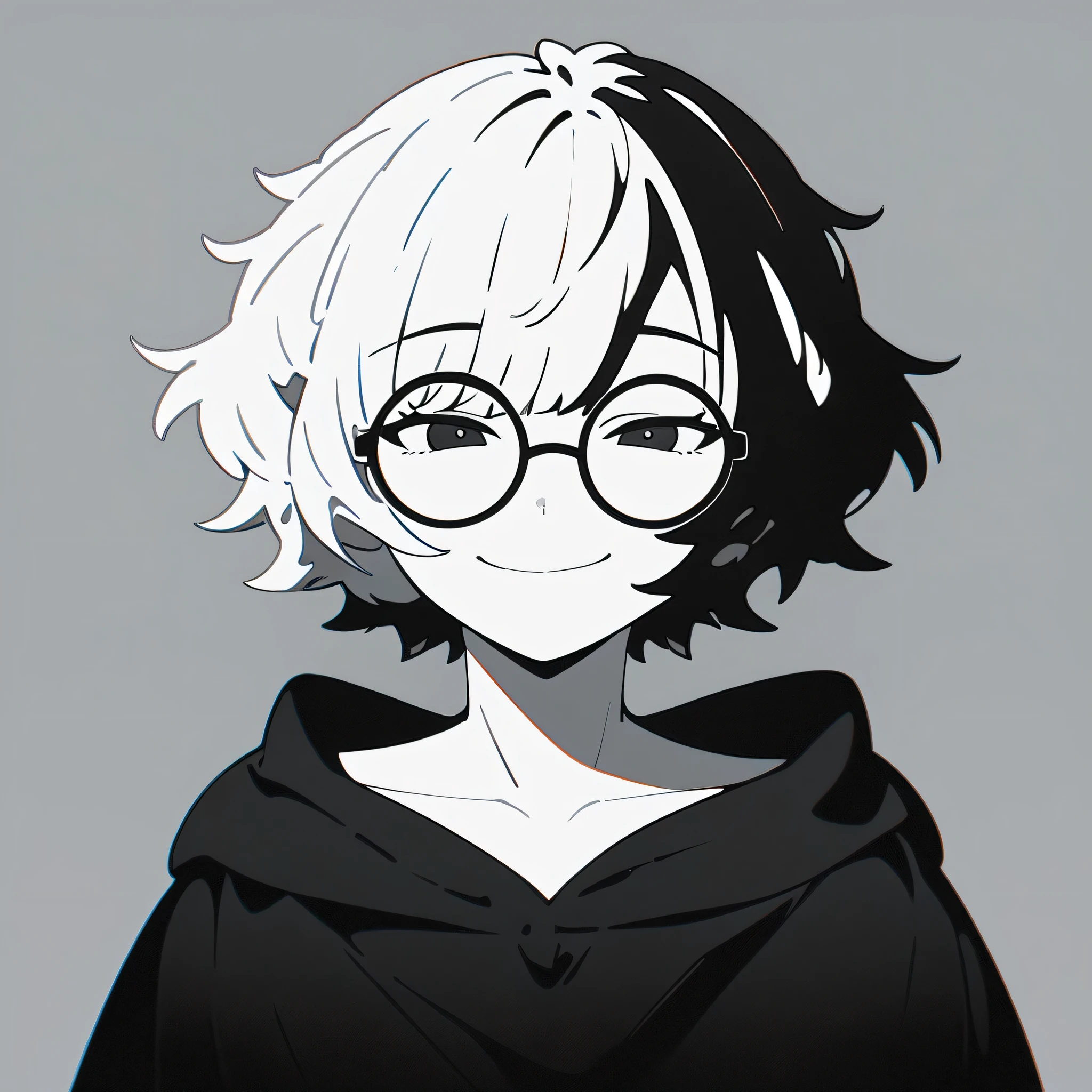 score_9, best quality, anime, lora, keke, 1girl, white hair, short hair, black eyes, circular glasses, grey background, smirk, solo, upper body, black hoodie, black clothes, high contrast, -shadow, simple colors, clean lineart, duotone, very chill, looking down on you,