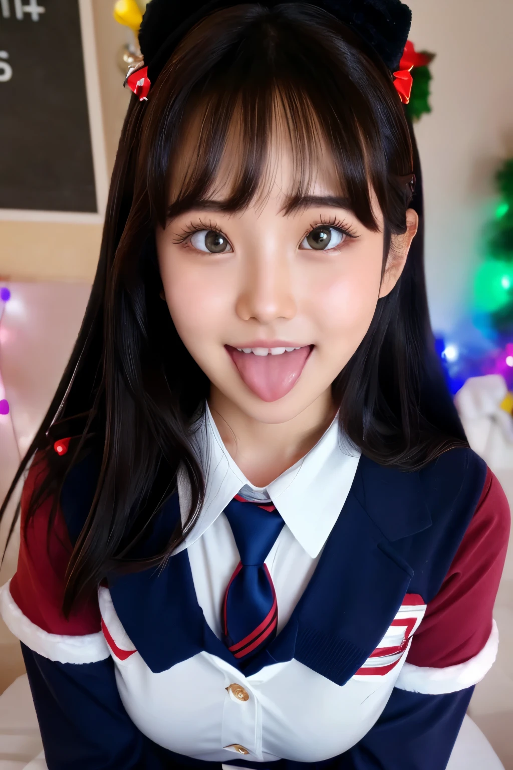    dark-haired girl、 Christmas、  Illuminations、  school uniform、sunny、smile、 round face、My mouth is slightly open