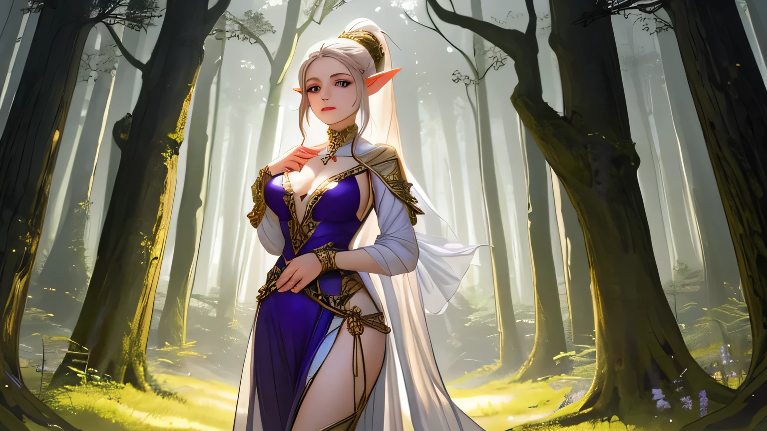 A beautiful, voluptuous elf woman named Delia with long, pointed ears and light gray skin. She has stunningly long, silver-gold hair, typically tied in a ponytail, and dark violet eyes. She is dressed in elegant fantasy attire with intricate elven designs, emphasizing her graceful yet powerful presence. Delia stands in a mystical forest, with soft magical lighting accentuating her serene beauty. The background features ethereal glowing plants and ancient elven architecture.