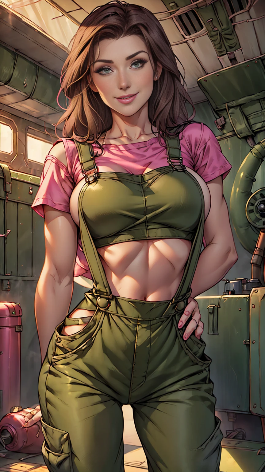 ((1girl)), Jewel Staite as Kaylee from Firefly, ((undone olive green overalls)), ((short pink crop top)), ((long brunette hair)), perfect breasts, sexy pose, smile, spaceship engine