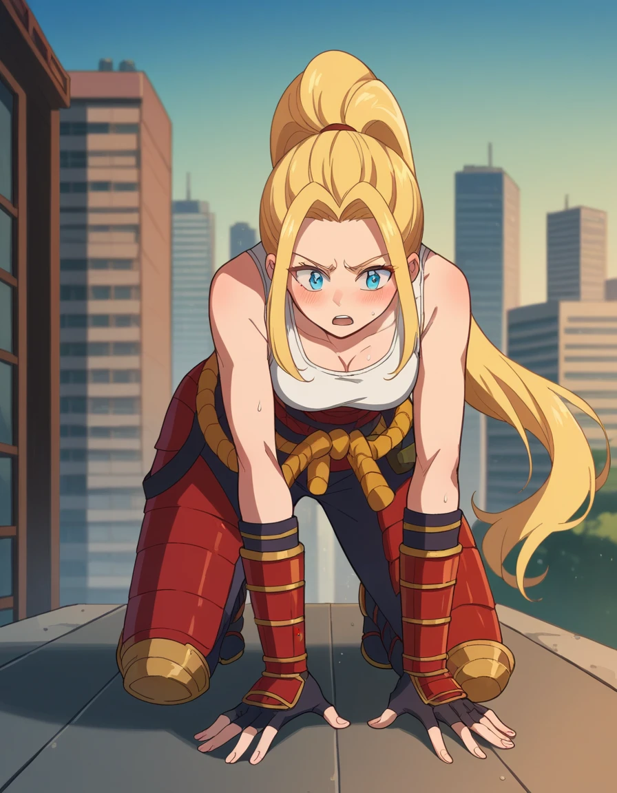 score_9, score_8_up, score_7_up, source_anime, full body shot
beatrixamerhauser, beatrix amerhauser, long hair, blue eyes, blush, blonde hair, gloves, ponytail,
gloves, fingerless gloves, armor, japanese armor, tank top, white tank top,
outdoors, cityscape, bending over, exhausted, wet, heavy breathing, mouth open, with her hands touching her knees