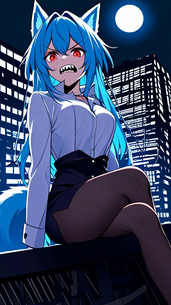  blue-haired executive woman red eyes of anger and madness ,Risa Tsundere , dog ears and tail, dressed as a businesswoman , serrated and pointed teeth  (oven)  wielding a blood-stained scythe sitting in a building under construction cyberpunk at night and a full moon in the background.  