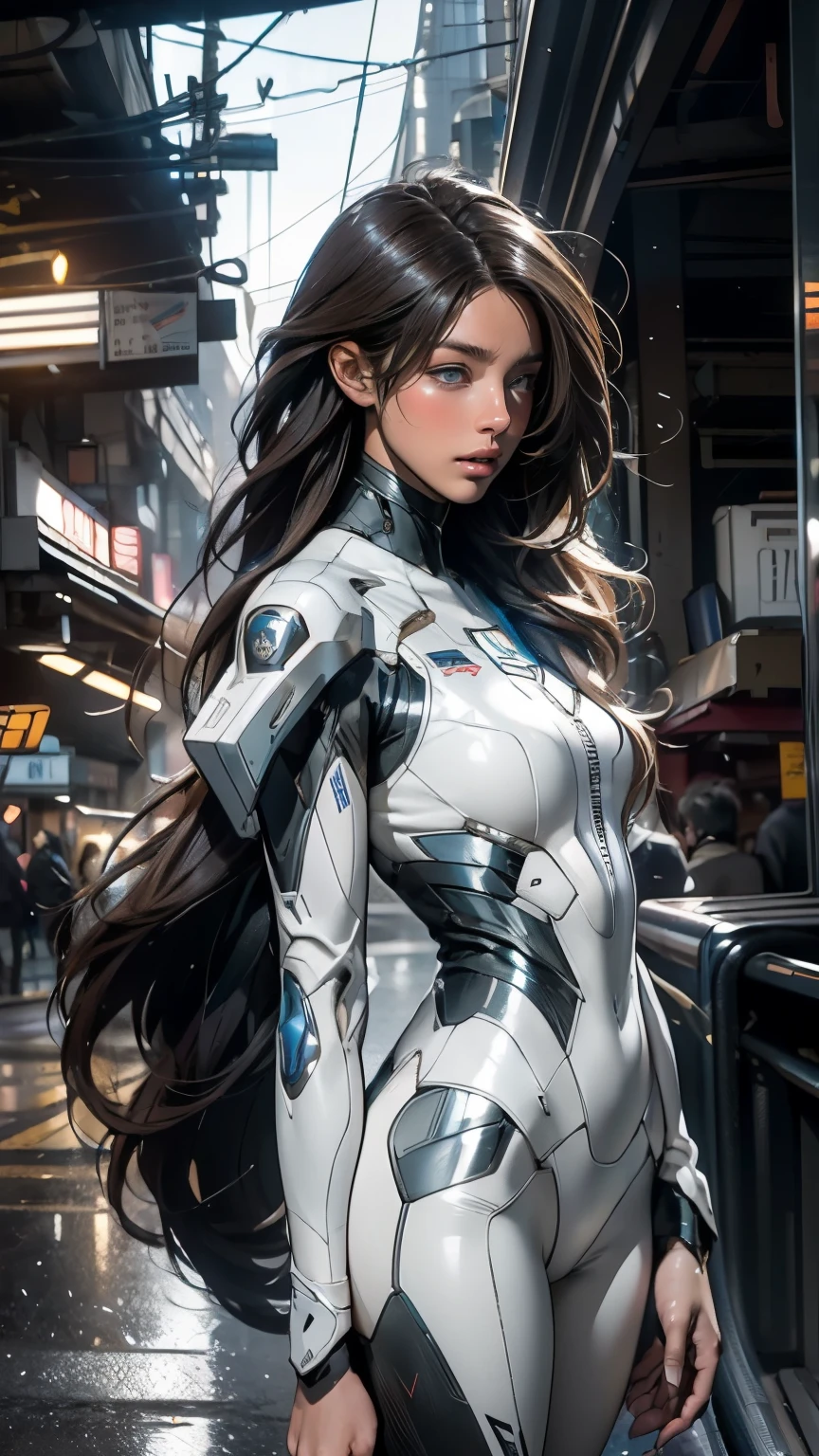 Insightful eyes,Long flowing hair,Very long, long, long hair,Porcelain white face,Soft and shiny, Futurist, futurist suit, neon light suit
