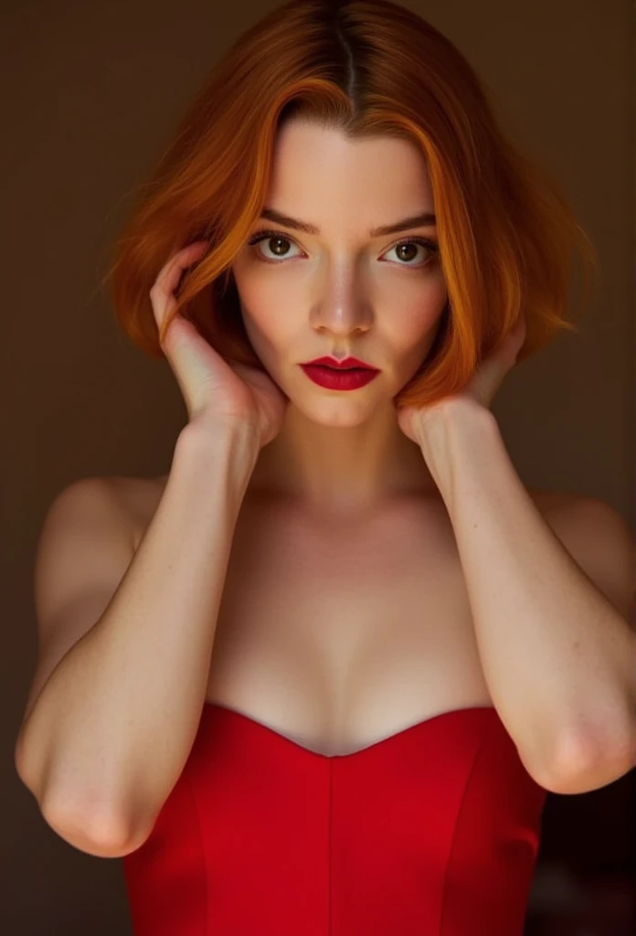 Anya Taylor Joy, photoshoot, topless, seductive, detailed face, bob cut ginger hair, strapless red dress, standing frontally, fixing hair