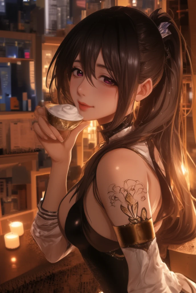   A beautiful woman with beautiful eyes :1.2,  detailed eyes ,(purple eyes),Akeno Himejima,  long hair, black hair, ribbon, very  long hair,beautiful full lips ,(lips painted in gold color ) highly  detailed eyes  and faces,  Long eyelashes,Ahoge,hair ribbon, ponytail,( black hair),(long hair and antenna hair),cute expression, smile,  session:1.4,  with a cup of hot latte ,home background  , , chimney, warm light,  lighting and detailed shadows ,  anime style , 8K, Hi-Nothing,  Masterpiece:1.4,  bright colors,brasier navideño pechos super enormes a la luz de la chimney..


