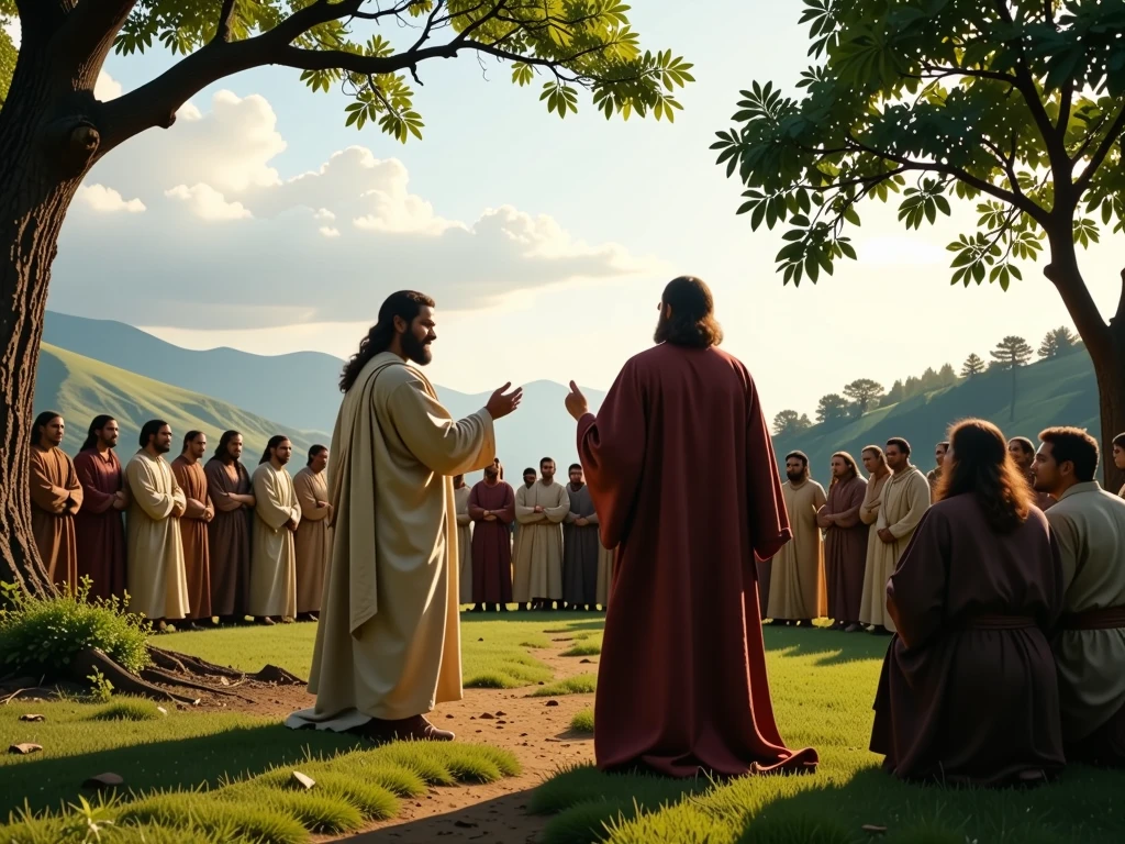 apostles teaching the word of Jesus in an open field, 8k, ultra realistic