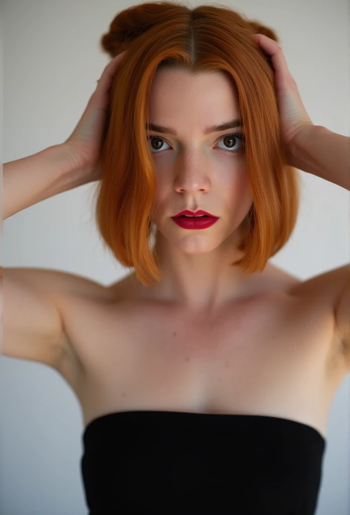 Anya Taylor Joy, photoshoot, topless, seductive, detailed face, bob cut ginger hair, strapless black dress, standing frontally, fixing hair