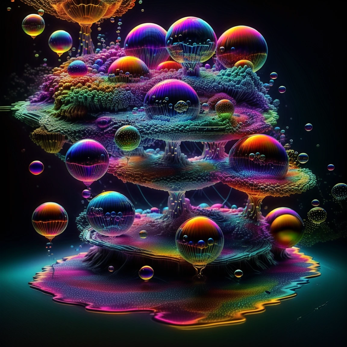 A close up of beautiful bubbles floating on top of each other, LSD, DMT imagery. octane render, psychedelic droplets of water, abstract liquid, and intricate rainbow art. octane render, black 3d fluid simulation,  ethereal bubbles, swirling liquids, and highly detailed, octane render, reflective rainbow bubbles, twisted colors inside of glass spheres, Psilocybin Dream inside an amazing image of light emerging from colors in a shimmering glass morphing out of colors, bright neon and fluorescent colors,very bright, vibrant colors, perfectly formed and symmetrical reflective bubbles and spheres, attention to detail with these beautiful bubbles and spheres, Extreme Hallucinations in a gorgeous piece of  psychedelic digital artwork, Stunning, pixel art, tripped out colors, 4d mandelbulb psychedelics, glass like psychedelic landscape, intricate rainbow environment, psychedelic underwater brightness and glow with neon colors, glowing colors twist inside of translucent glass spheres and bubbles with light and color reflecting off of both in bright fluorescent colors, psychedelic trip, fluorescent and neon aesthetic, psychedelic vibrant colors, bright psychedelic paint splattered backgrounds,swirling spirals and vortex, bright vibrant colors popping out from 3d glass spheres, Rotational Symmetry, Pixel Assets, Portrait photography, Surrealism, Photorealistic, Hyperdetailed, Glass Morphism, Digital Art, Sparkle, Optical Illusion, Glowing Light, Reflective Light, Overexposure, Backlighting, Depth Of Field, Spheres and bubbles show perfect Symmetry, UHD, High Details, High Quality, Super Detailed, Full Focus, Awe inspiring, Shockingly unique wallpaper art, Breathtaking, Indescribably Beautiful, Heaven sent images, Best Quality, Award Winning, MasterpieceA close up of beautiful bubbles floating on top of each other, LSD, DMT imagery. octane render, psychedelic droplets of water, abstract liquid, and intricate rainbow art. octane render, black 3d fluid simulation,  ethereal bubbl