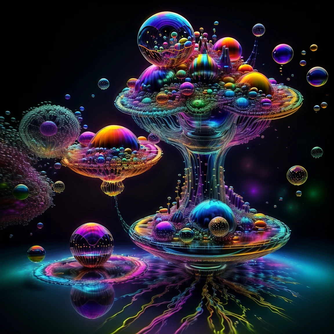 A close up of beautiful bubbles floating on top of each other, LSD, DMT imagery. octane render, psychedelic droplets of water, abstract liquid, and intricate rainbow art. octane render, black 3d fluid simulation,  ethereal bubbles, swirling liquids, and highly detailed, octane render, reflective rainbow bubbles, twisted colors inside of glass spheres, Psilocybin Dream inside an amazing image of light emerging from colors in a shimmering glass morphing out of colors, bright neon and fluorescent colors,very bright, vibrant colors, perfectly formed and symmetrical reflective bubbles and spheres, attention to detail with these beautiful bubbles and spheres, Extreme Hallucinations in a gorgeous piece of  psychedelic digital artwork, Stunning, pixel art, tripped out colors, 4d mandelbulb psychedelics, glass like psychedelic landscape, intricate rainbow environment, psychedelic underwater brightness and glow with neon colors, glowing colors twist inside of translucent glass spheres and bubbles with light and color reflecting off of both in bright fluorescent colors, psychedelic trip, fluorescent and neon aesthetic, psychedelic vibrant colors, bright psychedelic paint splattered backgrounds,swirling spirals and vortex, bright vibrant colors popping out from 3d glass spheres, Rotational Symmetry, Pixel Assets, Portrait photography, Surrealism, Photorealistic, Hyperdetailed, Glass Morphism, Digital Art, Sparkle, Optical Illusion, Glowing Light, Reflective Light, Overexposure, Backlighting, Depth Of Field, Spheres and bubbles show perfect Symmetry, UHD, High Details, High Quality, Super Detailed, Full Focus, Awe inspiring, Shockingly unique wallpaper art, Breathtaking, Indescribably Beautiful, Heaven sent images, Best Quality, Award Winning, MasterpieceA close up of beautiful bubbles floating on top of each other, LSD, DMT imagery. octane render, psychedelic droplets of water, abstract liquid, and intricate rainbow art. octane render, black 3d fluid simulation,  ethereal bubbl