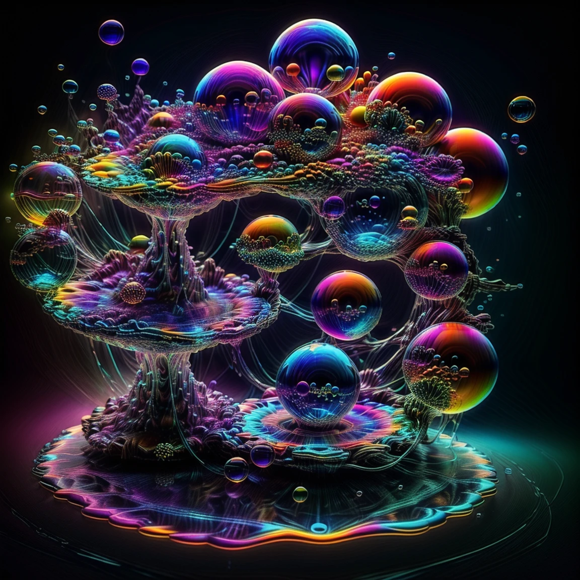 A close up of beautiful bubbles floating on top of each other, LSD, DMT imagery. octane render, psychedelic droplets of water, abstract liquid, and intricate rainbow art. octane render, black 3d fluid simulation,  ethereal bubbles, swirling liquids, and highly detailed, octane render, reflective rainbow bubbles, twisted colors inside of glass spheres, Psilocybin Dream inside an amazing image of light emerging from colors in a shimmering glass morphing out of colors, bright neon and fluorescent colors,very bright, vibrant colors, perfectly formed and symmetrical reflective bubbles and spheres, attention to detail with these beautiful bubbles and spheres, Extreme Hallucinations in a gorgeous piece of  psychedelic digital artwork, Stunning, pixel art, tripped out colors, 4d mandelbulb psychedelics, glass like psychedelic landscape, intricate rainbow environment, psychedelic underwater brightness and glow with neon colors, glowing colors twist inside of translucent glass spheres and bubbles with light and color reflecting off of both in bright fluorescent colors, psychedelic trip, fluorescent and neon aesthetic, psychedelic vibrant colors, bright psychedelic paint splattered backgrounds,swirling spirals and vortex, bright vibrant colors popping out from 3d glass spheres, Rotational Symmetry, Pixel Assets, Portrait photography, Surrealism, Photorealistic, Hyperdetailed, Glass Morphism, Digital Art, Sparkle, Optical Illusion, Glowing Light, Reflective Light, Overexposure, Backlighting, Depth Of Field, Spheres and bubbles show perfect Symmetry, UHD, High Details, High Quality, Super Detailed, Full Focus, Awe inspiring, Shockingly unique wallpaper art, Breathtaking, Indescribably Beautiful, Heaven sent images, Best Quality, Award Winning, MasterpieceA close up of beautiful bubbles floating on top of each other, LSD, DMT imagery. octane render, psychedelic droplets of water, abstract liquid, and intricate rainbow art. octane render, black 3d fluid simulation,  ethereal bubbl