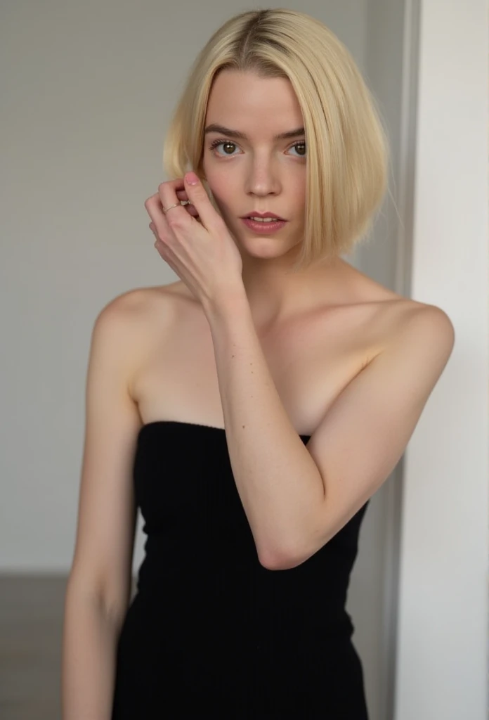 Anya Taylor Joy, photoshoot, topless, seductive, detailed face, bob cut blonde hair, strapless black dress, standing frontally, fixing hair