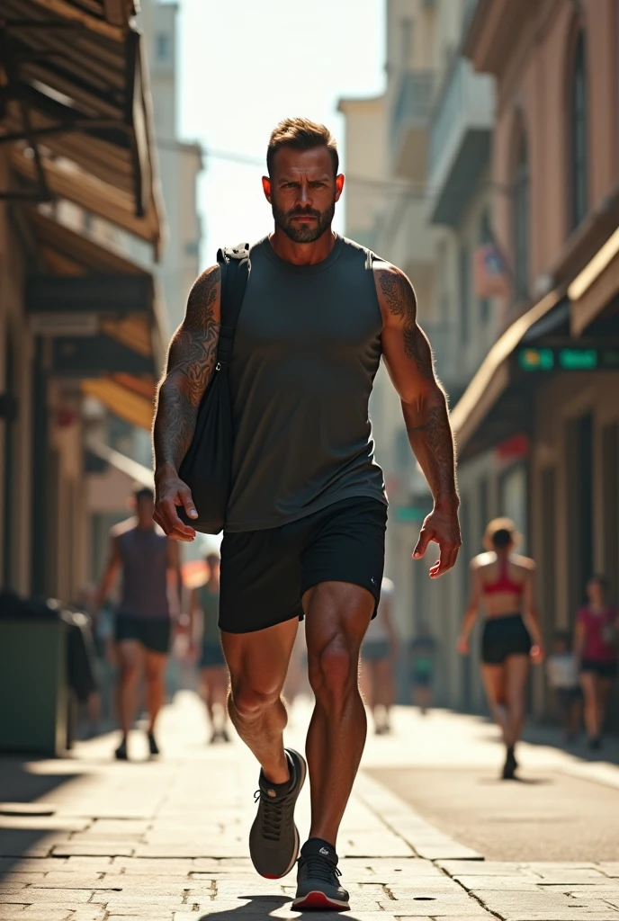 Black-haired white man, hair not too short but not long combed to one side, with beard, Delgado, with regulated muscles, good butt, wearing a light gray sleeveless t-shirt and very short sports shorts open at the sides, equally gray, walking away from the camera