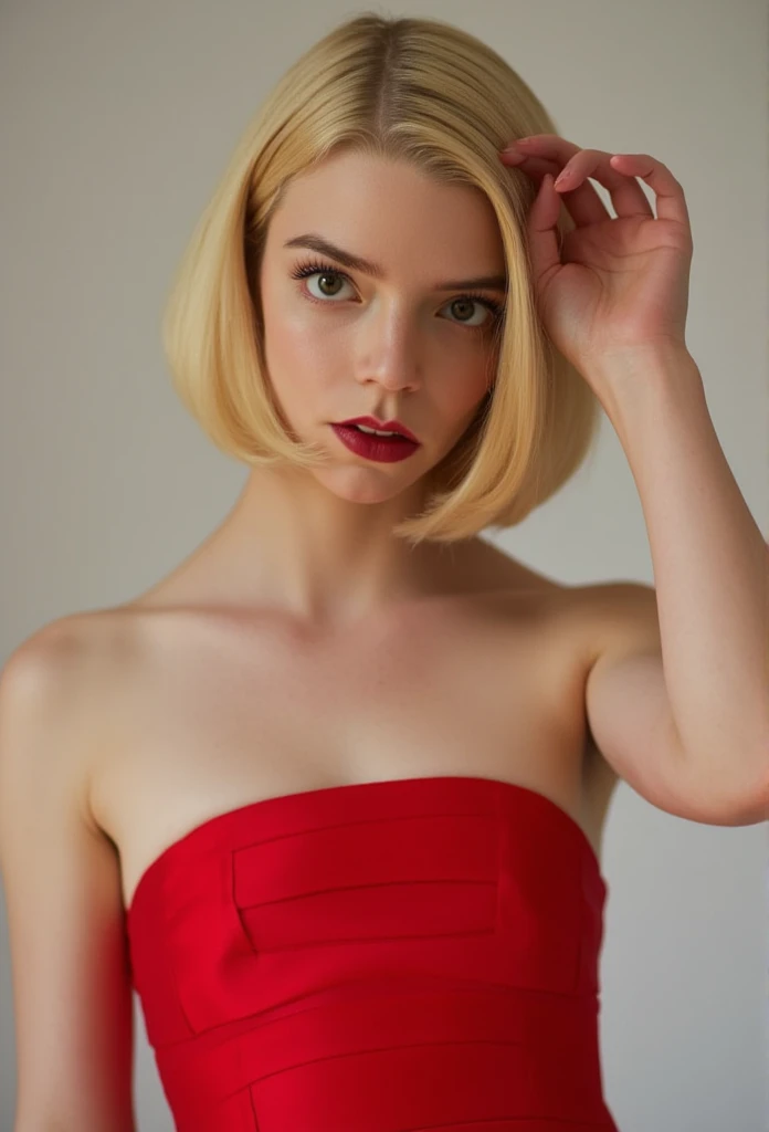 Anya Taylor Joy, photoshoot, topless, seductive, detailed face, bob cut blonde hair, strapless red dress, standing frontally, fixing hair