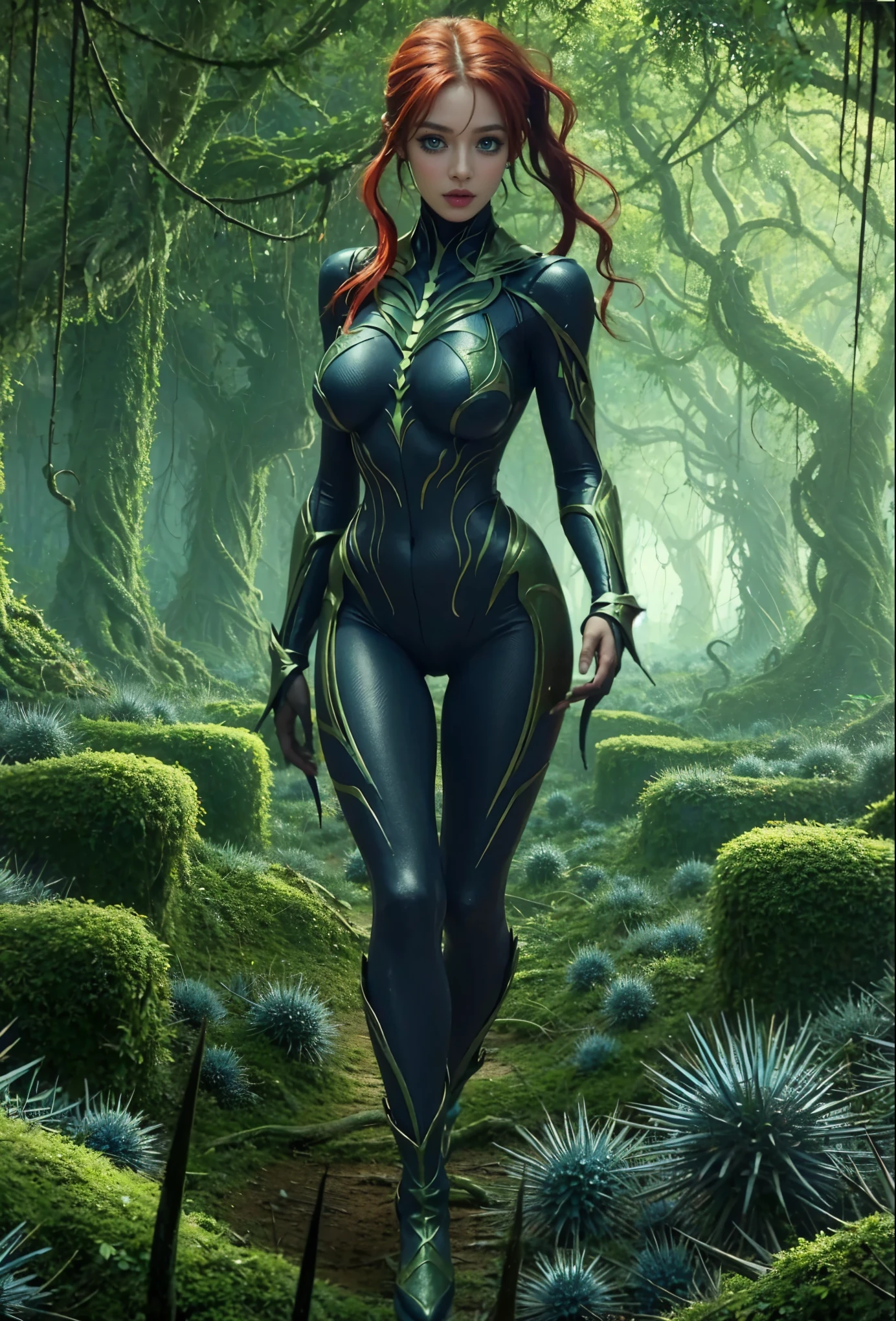(general)A girl in a dinosaur-infested jungle, Gates McFadden(age 25) is a scantily clad dinosaur hunter, fiercely holding high-tech weapons and a chain sword. Her sharp gaze and determined expression show her confidence and bravery. The jungle is lush and overgrown with towering ancient trees and vines. Sunlight streams through the dense foliage, creating dramatic shadows on the jungle floor. (extra details)The air is thick with humidity, and the sounds of chirping insects and the distant roars of dinosaurs fill the air. In the background, a massive T-Rex is partially visible, its menacing jaws and sharp teeth glistening. (image quality)The scene is depicted with the best quality, showcasing ultra-detailed and realistic visuals. Every leaf and texture is masterfully rendered, displaying incredible attention to detail. The artwork exudes a photorealistic quality, capturing the intricate features of both the character and the environment. (art style)The artwork employs a dynamic and cinematic style, resembling illustrations seen in action-packed graphic novels. The vibrant and saturated color palette adds intensity to the scene, emphasizing the danger and excitement of the hunt. (light)The lighting is carefully designed, with rays of sunlight filtering through the dense canopy and illuminating certain areas of the jungle. The play of light and shadow adds depth and dimension to the overall composition.