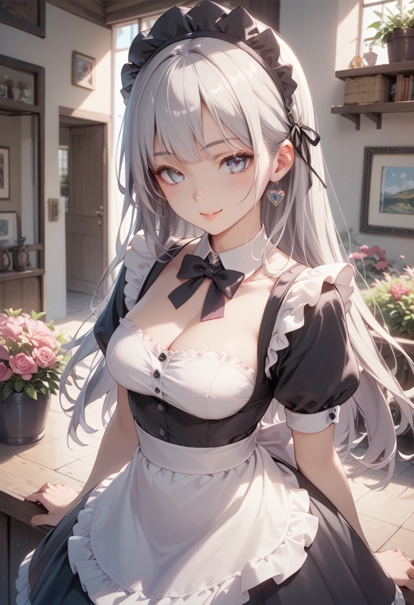 (masterpiece:1.2, top-quality), (realistic, photorealistic:1.4), beautiful illustration, (natural side lighting, movie lighting), nsfw, 
looking at viewer, 1 girl, japanese, high school girl, perfect face, cute and symmetrical face, shiny skin, 
(long hair:1.5, messy hair:1.2, silver hair), swept bangs, emerald green eyes, drooping eyes, long eye lasher, (large breasts:0.6), 
beautiful hair, beautiful face, beautiful detailed eyes, beautiful clavicle, beautiful body, beautiful chest, beautiful thighs, beautiful legs, 
((french maid)), 
(beautiful scenery), outside flower garden, modern, standing, spread legs, gatling gun, (lovely smile, upper eyes), 