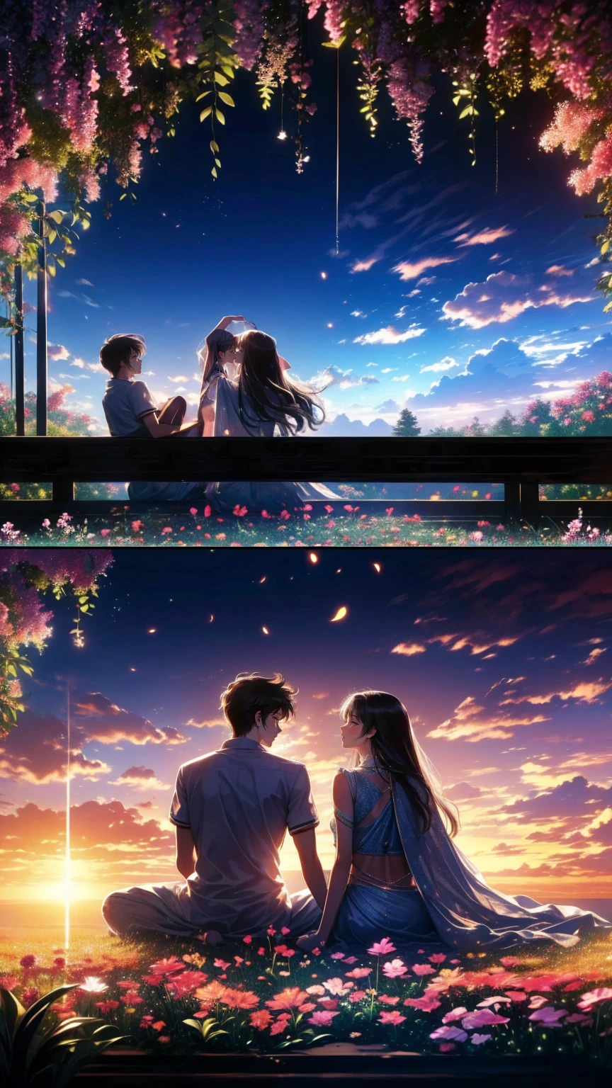 A mountain of flowers, it is a night sky, a beautiful couple is sitting, a couple is wearing short clothes, moody color contrast, Anime look