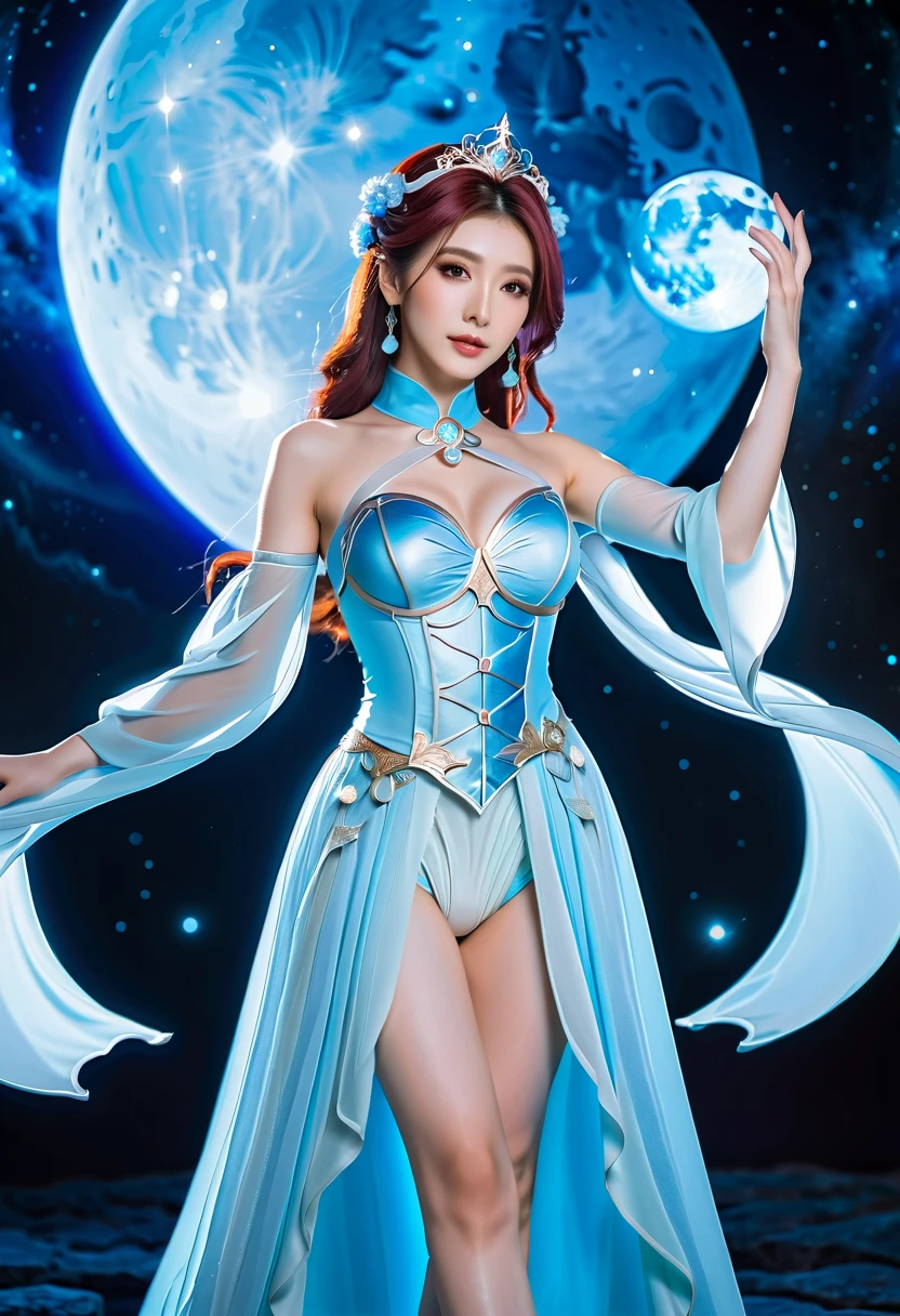 beautiful and delicate woman,The details of the eyes and face are very rich, exquisite eyes, super detailed, High resolution, The content is very detailed,best quality,EnLightenment,Unite,8k wallpaper,masterpiece,best quality,imagine，1 girl，China costume, Wear sexy blue bikini armor，metal style, big breasts, high-cut underwear, 盔甲有圖案metal style的, Big blue priest cloak，priest hat，standing posture，long legs，Put on powder blue and white boots，look at the audience，Face the audience，flowing long hair，Surreal 8000g，Impeccable，masterpiece，professional artwork，famous artwork，Light，movie bloom，perfect face，pretty face，fantasy，Dreamy and magical，not real，intricate details，Exquisite pattern…Korean woman’s face