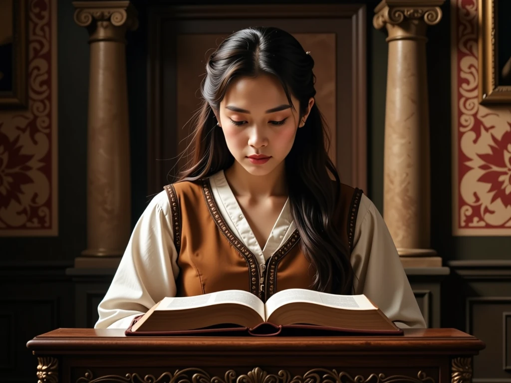 woman reading the bible, the bible is under a lectern, 8k, ultra realistic