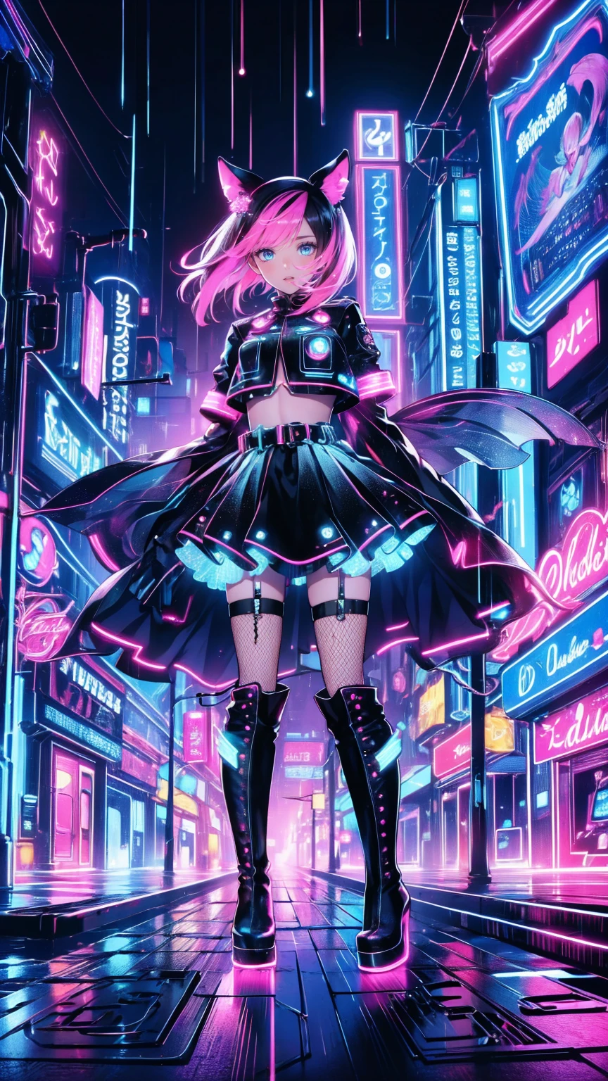  Girl,   short black hair ,  Neon Pink Highlights ,  Torn Fishnet Stockings,  Knee-High Leather Boots ,  Wear Cyber Deck on Her Arms , Hold a mobile phone、 Admire Dystopian Streets  [ Wobbly Buildings , Polluted Air ,  flashing neon sign ],  Streets Illuminated by Hologram Ads , rain pouring, [ Incredible Gaze , Eyes wide open,  open your mouth wide]