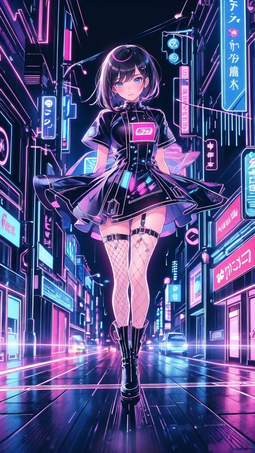 Teenage Girl,   short black hair ,  Neon Pink Highlights ,  Torn Fishnet Stockings,  Knee-High Leather Boots ,  Wear Cyber Deck on Her Arms , Hold a mobile phone、 Admire Dystopian Streets  [ Wobbly Buildings , Polluted Air ,  flashing neon sign ],  Streets Illuminated by Hologram Ads , rain pouring, [ Incredible Gaze , Eyes wide open,  open your mouth wide]