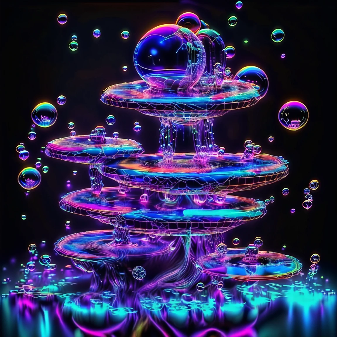 A close up of beautiful bubbles floating on top of each other, LSD, DMT imagery. GlowingNightmare, smile, neon colors, glowing, GlowingRunes_pink, GlowingRunes_green, GlowingRunes_paleblue, psychedelic droplets of water, abstract liquid, and intricate rainbow art. octane render, black 3d fluid simulation,  ethereal bubbles, swirling liquids, and highly detailed, octane render, reflective rainbow bubbles, twisted colors inside of glass spheres, Psilocybin Dream inside an amazing image of light emerging from colors in a shimmering glass morphing out of colors, bright neon and fluorescent colors,very bright, vibrant colors, perfectly formed and symmetrical reflective bubbles and spheres, attention to detail with these beautiful bubbles and spheres, Extreme Hallucinations in a gorgeous piece of  psychedelic digital artwork, Stunning, pixel art, tripped out colors, 4d mandelbulb psychedelics, glass like psychedelic landscape, intricate rainbow environment, psychedelic underwater brightness and glow with neon colors, glowing colors twist inside of translucent glass spheres and bubbles with light and color reflecting off of both in bright fluorescent colors, psychedelic trip, fluorescent and neon aesthetic, psychedelic vibrant colors, bright psychedelic paint splattered backgrounds,swirling spirals and vortex, bright vibrant colors popping out from 3d glass spheres, Rotational Symmetry, Pixel Assets, Portrait photography, Surrealism, Photorealistic, Hyperdetailed, Glass Morphism, Digital Art, Sparkle, Optical Illusion, Glowing Light, Reflective Light, Overexposure, Backlighting, Depth Of Field, Spheres and bubbles show perfect Symmetry, UHD, High Details, High Quality, Super Detailed, Full Focus, Awe inspiring, Shockingly unique wallpaper art, Breathtaking, Indescribably Beautiful, Heaven sent images, Best Quality, Award Winning, Masterpiece. psychedelic droplets of water, abstract liquid, and intricate rainbow art. octane render, black 3d fluid simulation,  