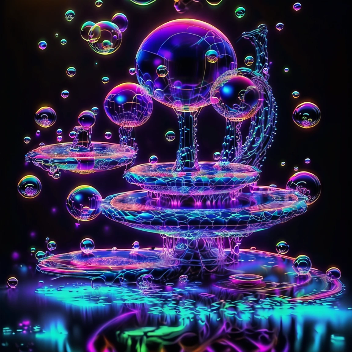 A close up of beautiful bubbles floating on top of each other, LSD, DMT imagery. GlowingNightmare, smile, neon colors, glowing, GlowingRunes_pink, GlowingRunes_green, GlowingRunes_paleblue, psychedelic droplets of water, abstract liquid, and intricate rainbow art. octane render, black 3d fluid simulation,  ethereal bubbles, swirling liquids, and highly detailed, octane render, reflective rainbow bubbles, twisted colors inside of glass spheres, Psilocybin Dream inside an amazing image of light emerging from colors in a shimmering glass morphing out of colors, bright neon and fluorescent colors,very bright, vibrant colors, perfectly formed and symmetrical reflective bubbles and spheres, attention to detail with these beautiful bubbles and spheres, Extreme Hallucinations in a gorgeous piece of  psychedelic digital artwork, Stunning, pixel art, tripped out colors, 4d mandelbulb psychedelics, glass like psychedelic landscape, intricate rainbow environment, psychedelic underwater brightness and glow with neon colors, glowing colors twist inside of translucent glass spheres and bubbles with light and color reflecting off of both in bright fluorescent colors, psychedelic trip, fluorescent and neon aesthetic, psychedelic vibrant colors, bright psychedelic paint splattered backgrounds,swirling spirals and vortex, bright vibrant colors popping out from 3d glass spheres, Rotational Symmetry, Pixel Assets, Portrait photography, Surrealism, Photorealistic, Hyperdetailed, Glass Morphism, Digital Art, Sparkle, Optical Illusion, Glowing Light, Reflective Light, Overexposure, Backlighting, Depth Of Field, Spheres and bubbles show perfect Symmetry, UHD, High Details, High Quality, Super Detailed, Full Focus, Awe inspiring, Shockingly unique wallpaper art, Breathtaking, Indescribably Beautiful, Heaven sent images, Best Quality, Award Winning, Masterpiece. psychedelic droplets of water, abstract liquid, and intricate rainbow art. octane render, black 3d fluid simulation,  