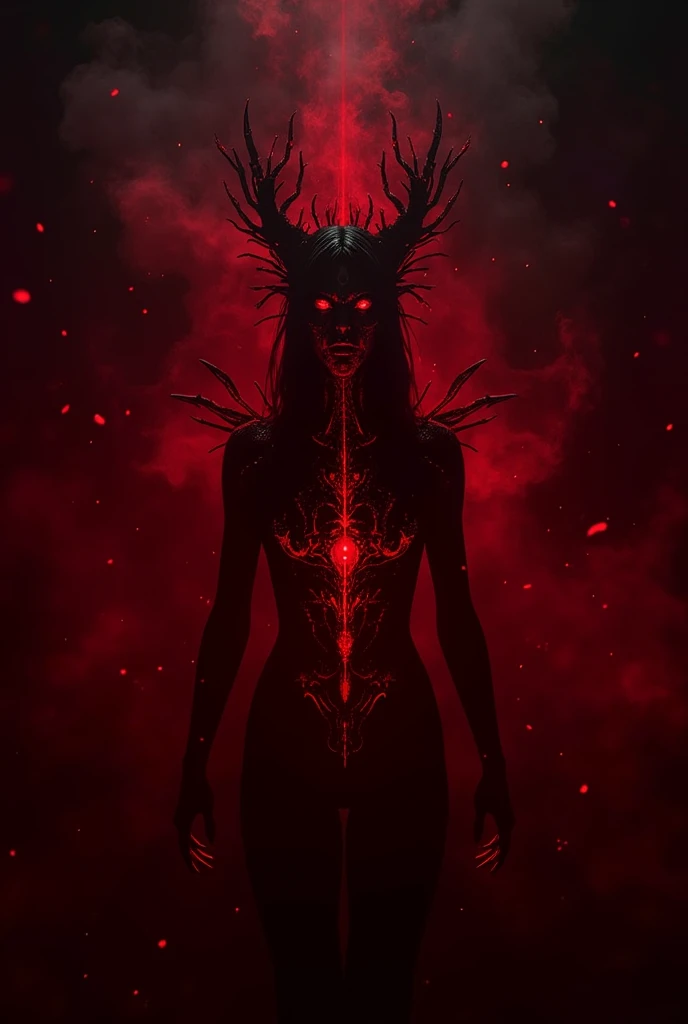 ((masterpiece)) ((Highest quality)) A dark and ominous female demonic entity with glowing red eyes and intricate glowing patterns across its face and chest. The creature is surrounded by black smoke and a fiery red aura, with sharp, radiant details resembling a crown or halo made of energy. The background is a deep shadowy void, emphasizing the contrast between the dark silhouette and the intense red light. The atmosphere is haunting, surreal, and otherworldly, with an emphasis on supernatural horror.