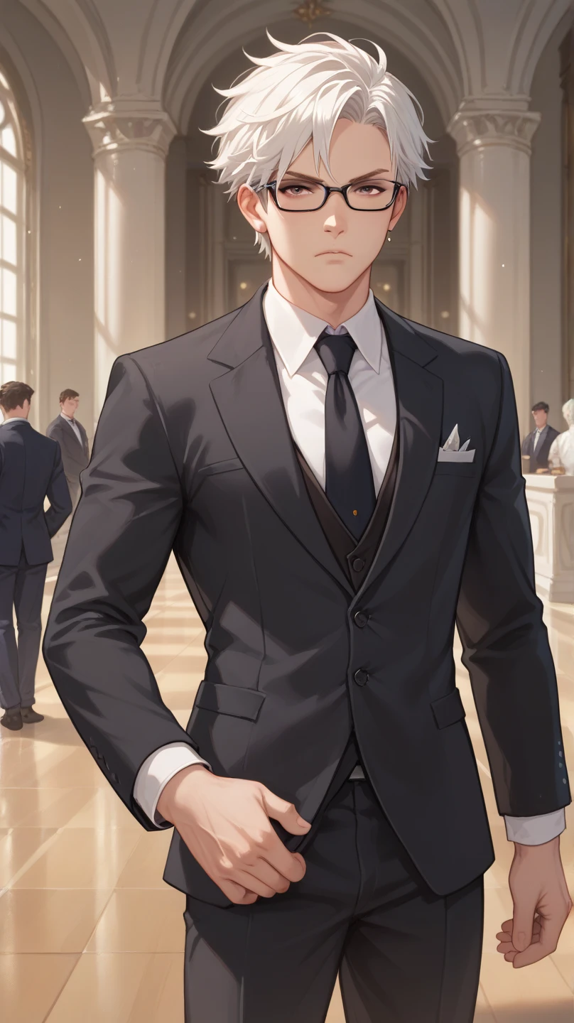  male character,Man in black, white hair, suit in black with tie with short black glasses, brown eyes,  in a court building ,serious formal .