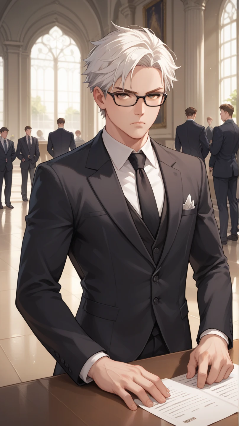  male character,Man in black, white hair, suit in black with tie with short black glasses, brown eyes,  in a court building ,serious formal .