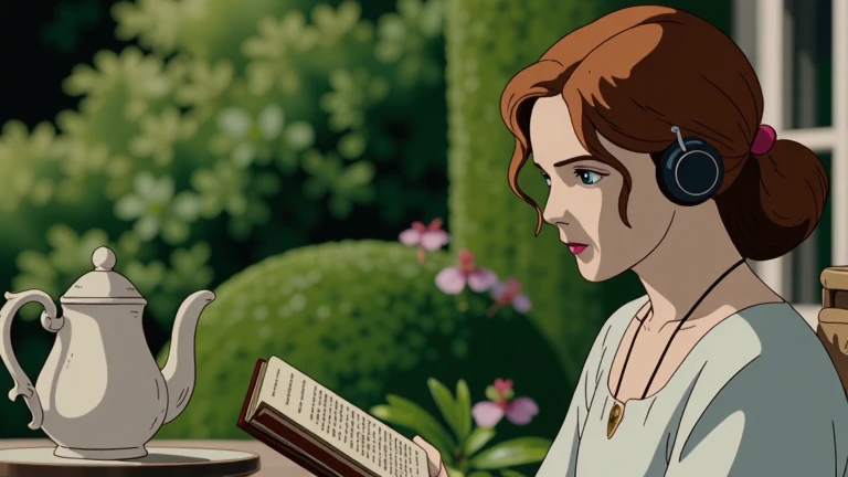 In front of an 18-year-old girl . Oval face,  white skin , Gingerhair, Blue eyes, Curly Hair ,  Comfortable clothes . Wearing a headset .  She is reading alone in the garden .  Warm atmosphere .  There is a terrace table and an afternoon tea set in front of the girl. The girl is looking at the books . 