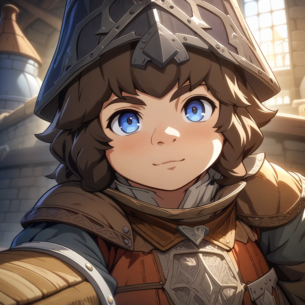 masterpiece, best quality, game cg, 1men, solo, male focus, looking at viewer, depth of field, brown hair, diamond-blue eyes, artificer, dwarf, medieval, background of a laboratory,