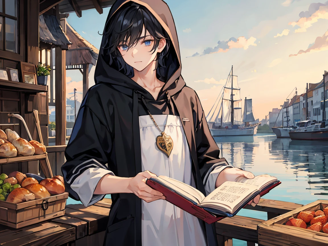 Male student,  black hair, hood friend, Fishmonger, middle ages, port, evening, melancholy, reading