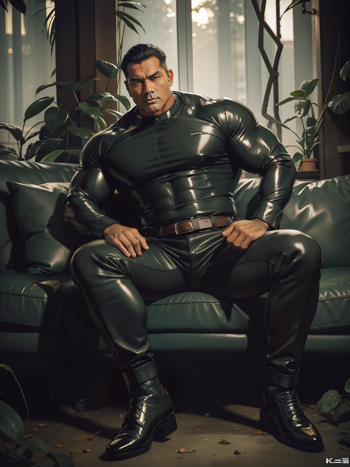 Allard man in yellow and black clothes sitting on a white and soft sofa, muscle hero, Buzz Cut, tall, burly, muscular! Wearing black sunglasses, tall burly and strong, stealth suit, super buff and cool, high resolution committee, character design police, black military boots, attractive strong male