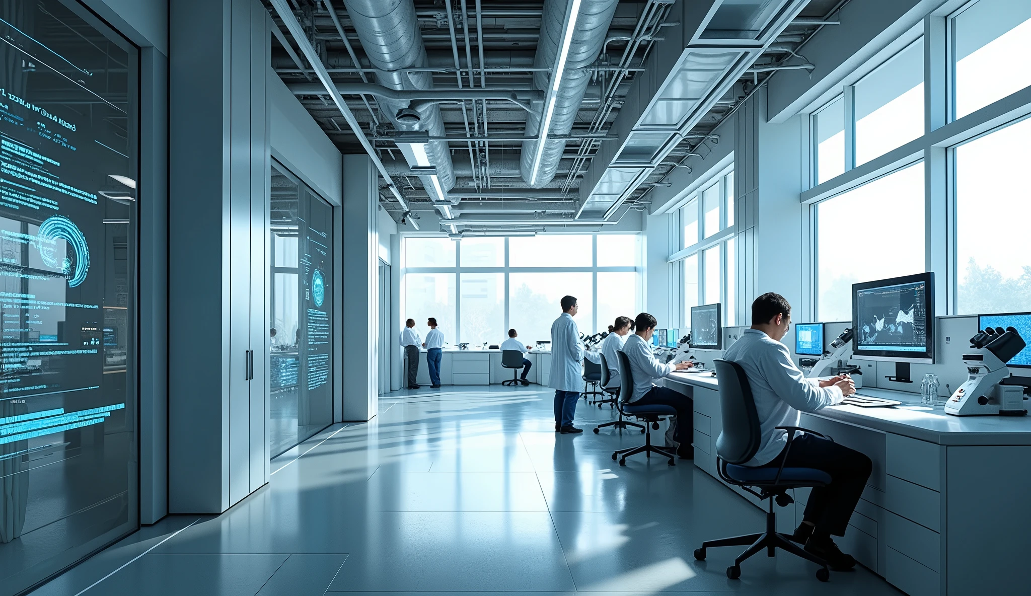 There are people working in a large office with a lot of windows ...