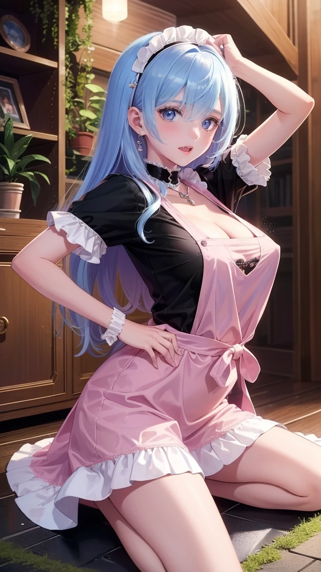 (masterpiece、highest quality、Super detailed)、((One girl))、((Pink Hair))、((Twin tails))、((Light blue eyes))、smile、Earrings、((Very large breasts))、White brim、((naked apron))、kneeling、On the bed、Bedroom Background
