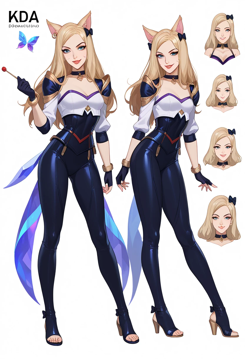 ((full body shot)) KDA Ahri LoL , ((character design sheet)), masterpiece, best quality, highly detailed, score_9, score_8_up, score_7_up, score_6_up, anime font,BREAK , 2girl, long hair, blue eyes, hair bow, small breasts, bow, looking at viewer, freckles, parted lips, smile, full body, red lips, lips, side front, she looks at you, your gauze hurts, fishnets, white background, neutral cast, dance pose, shoulder pads, dominatrix, leather ballet slipper gladiador sandals boots, gold, gloves

