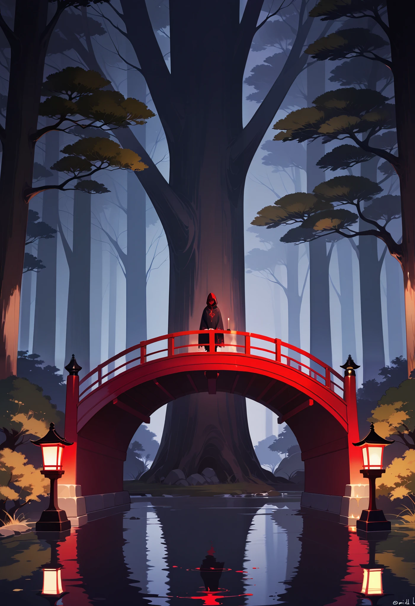 A spirit ,spectral, standing on a red bridge with lanterns on the sides with candles, Japanese-style pillared bridge , in a forest of bonsai trees and a ravine on the other side , floating on the bridge , long, broken black tunic with stains of mud and blood , red mask ,hood, Masterpiece,  Best Quality ,  ultra detailed,La  Best Quality ,High Resolutions,